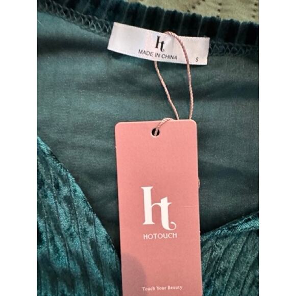 NEW Emerald Green Velvet Velour Dress Long Sleeve V Neck Dress - Picture 5 of 11